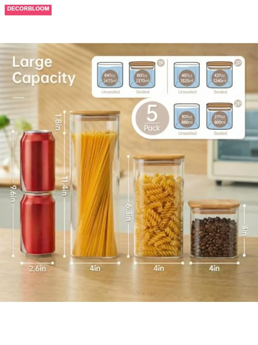 5 Pack Square Glass Jars with Bamboo Lids, Airtight Food Storage Containers